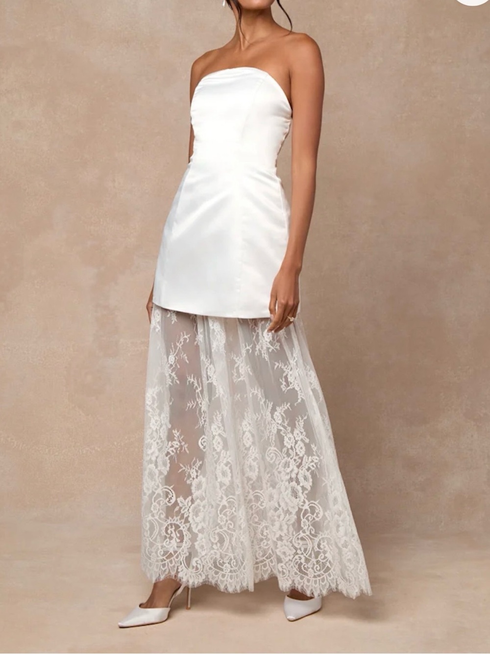 Lulu's Ivory Strapless Satin Bodice with Lace Overlay Gown
